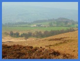 Looking downhill from White Edge Moor . Note the Grouse Inn and in the distance the moors on the other side of the Derwent Valley .